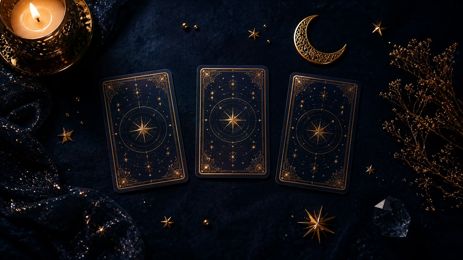 Tres cartas de tarot con luna creciente y estrellas doradas